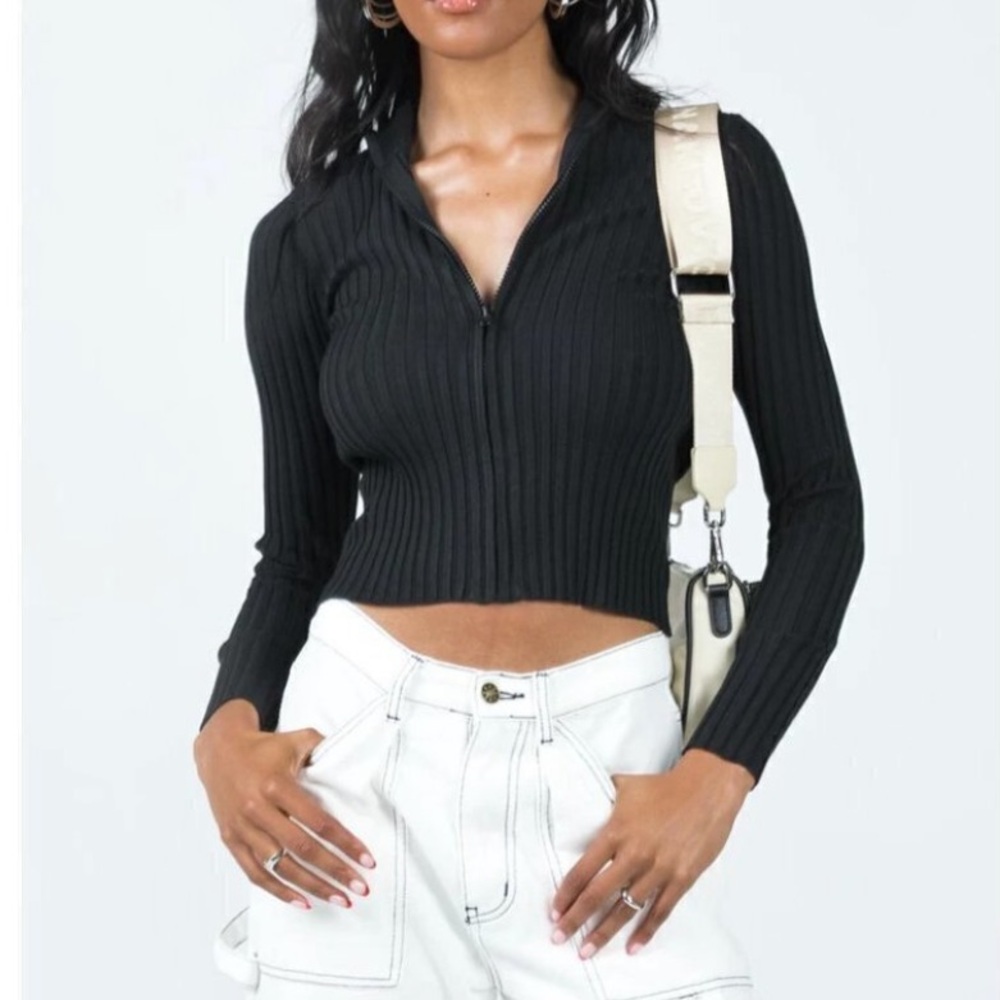 Princess Polly size XS/ Small MALVERN Zip Up Black Ribbed Crop Sweater Top